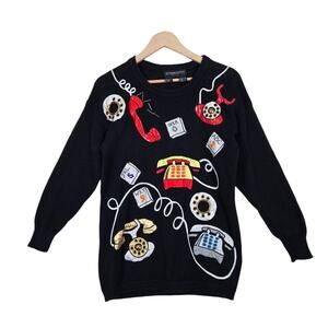 Vintage 90s Novelty Telephone Sweater M Black Graphic Knit Art Teacher